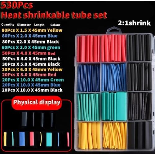 530pcs Heat Shrinkable Tube Kit Shrinking Assorted Polyolefin Insulation Sleeving 2:1 Wire Cable Sleeve Kit DIY Wire Repair