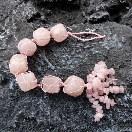 Natural Pink Crystal Irregular Gem Car Hanging Ornament Yoga 7 Stone Beads Hand Braided Pendent Window Garden Home Decoration