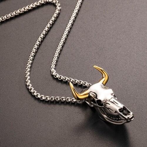 Valily Punk Sheep Head Pendant Necklace Stainless Steel Vintage Gold Goat Necklaces Jewelry for Man 24"Long Necklaces