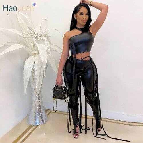 HAOYUAN Sexy Pu Leather Two Piece Set One Shoulder Crop Top Bandage Sweatpants Summer Outfits for Women Night Club Matching Sets