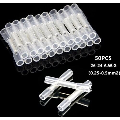 50PCS Heat Shrink Butt Crimp Terminals Red Waterproof Insulated Seal Electrical Wire Connectors 26-24 AWG