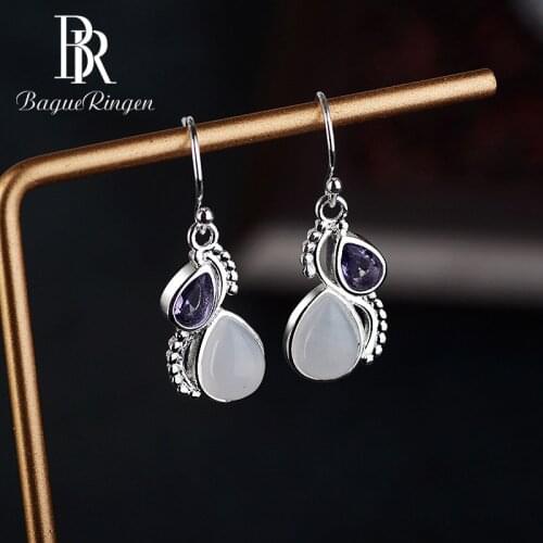Bague Ringen 925 Sterling Silver Amethyst droplets pear-shaped Moonstone Bride Earring Wedding Engagement Fine Jewelry Gift