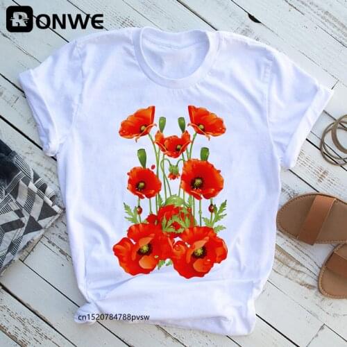 Women Red Flower Black Print T shirt Summer Girl Black Harajuku 90s Clothes Female Tops Tee,Drop Ship