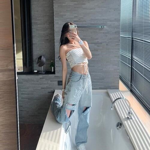 Womens Straight Leg Ripped Jeans Pants for Korean Style Teenage Girls Casual Streetwear Sexy Hole Denim Trousers Female Clothing