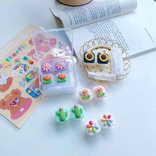 Women Color Contact Lenses Case Cute Strawberry SunflowerFlower Banana Peach Cactus Pineapple Fruit Style Contact Lens Cases