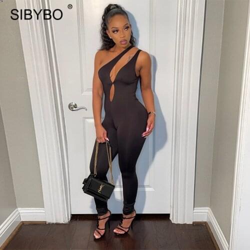 Sibybo Black One Shoulder Jumpsuits For Women Summer Hollow Out Bodycon Sexy Rompers Overalls Femme Fitness One Piece Outfit