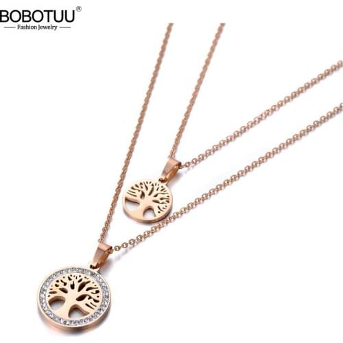 BOBOTUU Bohemia Style Stainless Steel Double-layer Crystal Tree Charm Choker Necklace Beach Pendant Necklace For Women BN19215