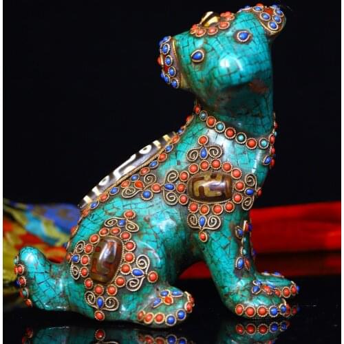 6" Tibet Buddhism Old Bronze Filigree mosaic Gem Dzi Bead turquoise Dog statue Pet dog Town House Exorcism Ward off evil spirits