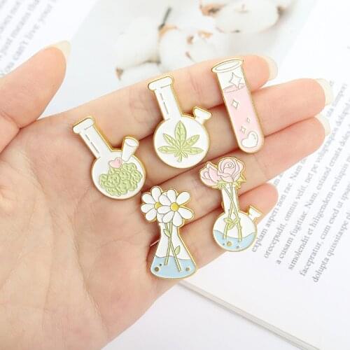 Plant Lover Lab Enamel Pins Custom Bottle Test Tube Brooch Lapel Badge Bag Cartoon Scientist Jewelry Gift For Kids Friends
