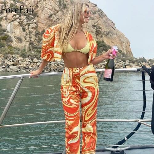 Forefair 2021 Autumn Winter Two Piece Set Deep V Neck Crop Top And Wide Leg Pants Tie Dye Women Sets Casual Fashion Outfits