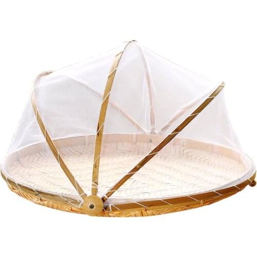 Food Serving Basket Hand-Woven Dustproof Round Picnic Container Picnic With Gauze Net Dustproof Basket With Fruit And Vegetable