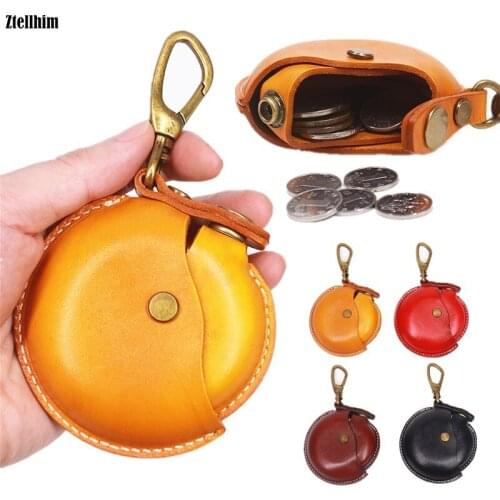 2020 Genuine Leather Coin Purse Women Men Vintage Handmade Small Creative Round Coin Storage Money Bag Case Keychain Male Female