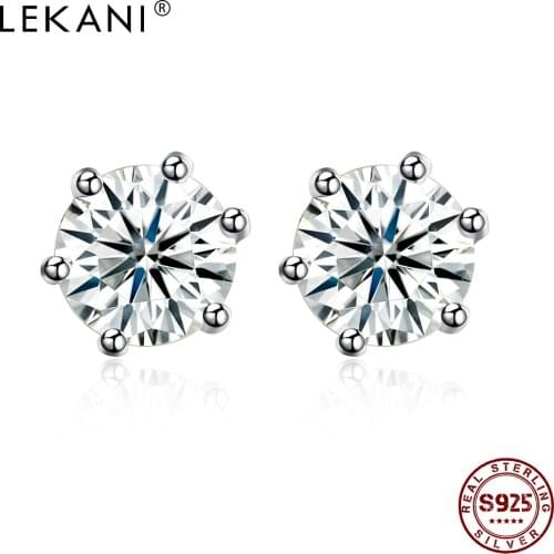 LEKANI 925 Sterling Silver Stud Earrings For Women Clear Cubic Zirconia Geometric Six Claws Female Earring Simple Fine Jewelry