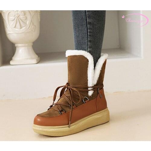 Sweet style comfortable round head winter warm snow boots platform lace-up plush medium heel wedge ankle boots womens shoes