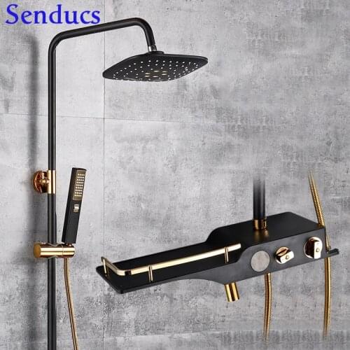 Senducs Black Gold Multifunctional Bathroom Shower Set Newly Rotary Knob Thermostatic Shower System Shower Jet System