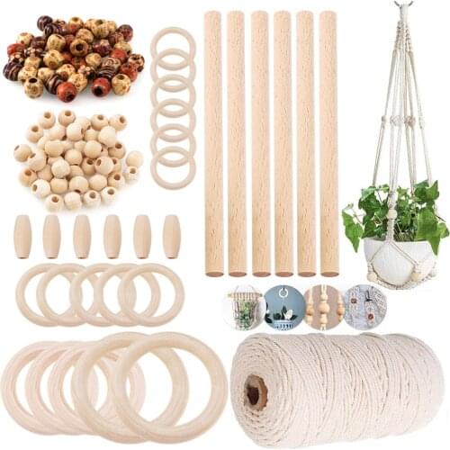 2 types of Woven Material Mixed Set Cotton Rope Beech Stick Wood Circle Flower Wood Bead Set Multi-Functional Combination
