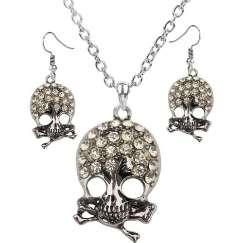 Yacq Womens Skull Cross Bone Jewelry Set - Adjustable Necklace (60+10)cm + Dangle Earrings - Women Girls Biker Crystal Jewelry