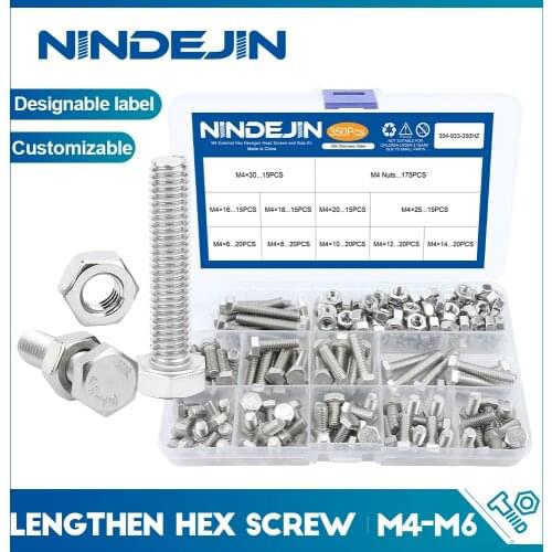 NINDEJIN Lengthen External hex hexagon head screws set with full thread M4 M5 M6 stainless steel bolt and nuts kit DIN933