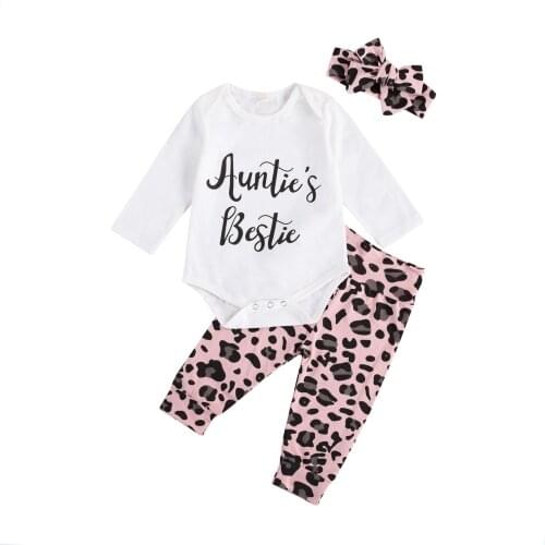 2020 New Fall Autumn 0-18M Toddler Baby Girl 3Pcs Set AUNTIES BESTIE Long Sleeve Letter Print Bodysuit+Leopard Pants+Headband