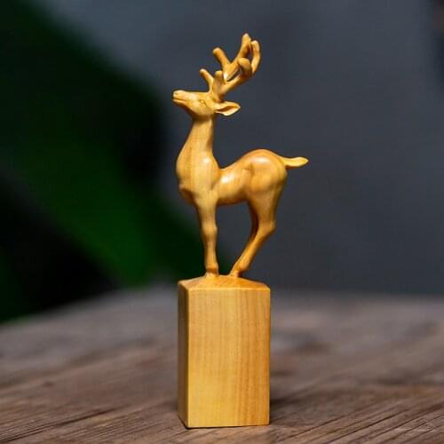 11CM Elk Seal Stamp Small Lucky Gift Animal deer Wood Hand Carved Chinese Style Home Decoration Classical Wood Statue Figurines