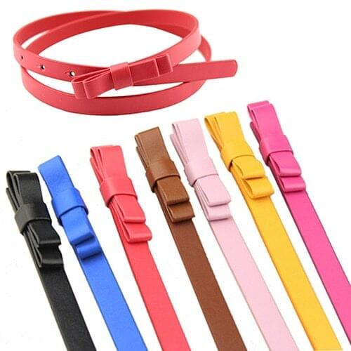 Women PU Leather Belts Candy Color Thin Skinny Waistband Adjustable Belt 2 Layers Bowknot Dress Strap cinturon mujer