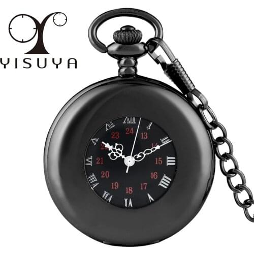 Vintage Smooth Black Hand Winding Mechanical Pocket Watch Roman Numerals Display Manual Fob Pendant Clock Gifts Men Women