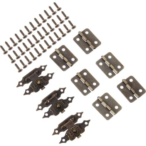 30pcs/set Antique Bronze Box Latch Hasp Clasps 38*18mm+Hinge 18*16mm w/screws Flower Buckle Padlock Wood Jewelry Case Lock Decor