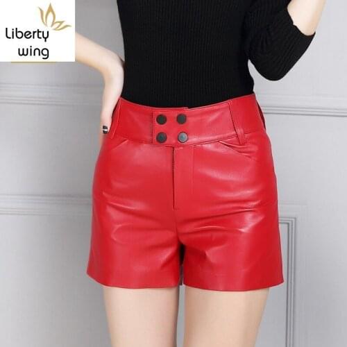 Fashion Sheepskin Leather Shorts Femme Winter Wide Leg Zipper Fly Short Pants Red Black Office Lady Top Quality Trousers Women