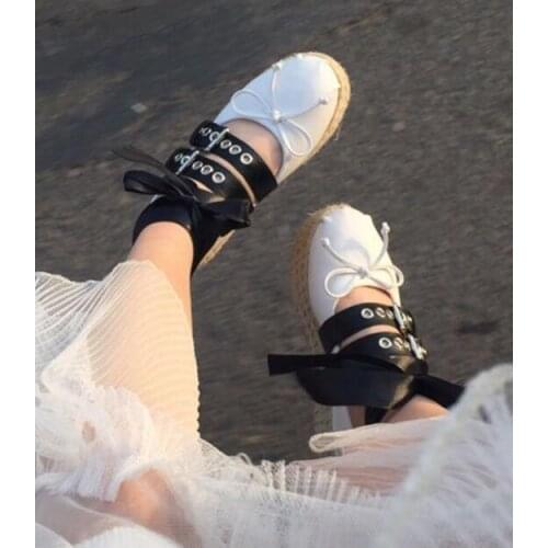 Moraima Snc Round Toe Butterfly-knot Flat Platform Shoes Woman Lace-up Rope Bradied Casual Shoe Leather Ballet Flat Shoe White