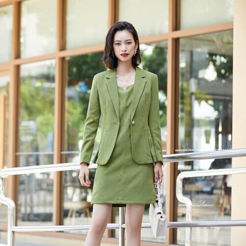 Fashion Women Business Suits Blazer and Dress Sets Green Jackets Formal Office Ladies Work Wear Clothes
