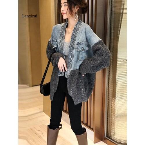 Versized Patchwork Denim Sweater Coat Womens Streetwear Knitted Cardigan Spring Jacket
