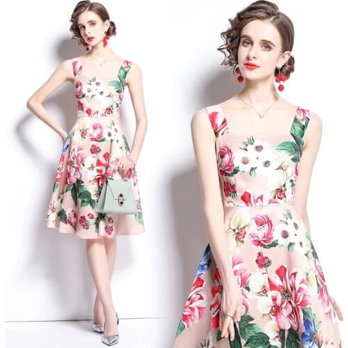 2021 New Women Dresses Printing Mid-Calf Spaghetti Strap Vintage Women Summer Dresses Office Lady A-LINE Elegant Party Dresses