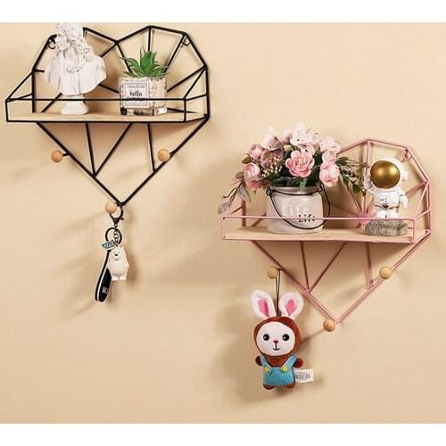 1pc Nordic Ins Iron Grid Love Heart Wall Shelf Wooden Clapboard Organizer Rack For Home Decorate