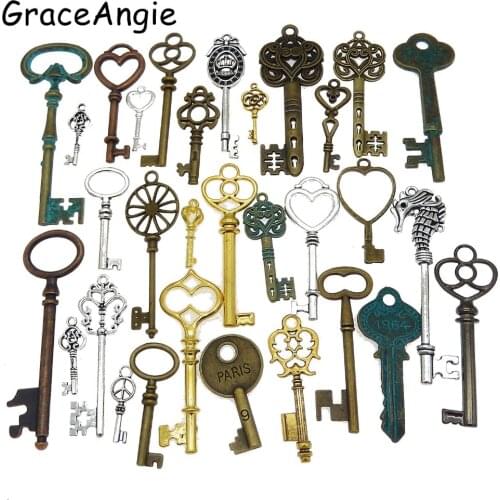 10pcs Mix Color Metal Key Pendant Alloy Lovely Large Crown Key Charms Vintage Jewelry Keys Charms Wholesale Antique Bronze Key