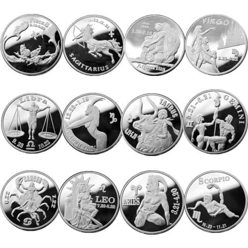 12PCs Twelve Constellation Zodiac Silver Commemorative Coins Lucky Love Elizabeth II Medals Euro Astrology Souvenir Gifts