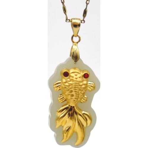 24K Gold Necklace for Men Women Natural Hetian Stone Jewelry Lucky Fish Jade Pendant Chain Choker Birthday Gifts
