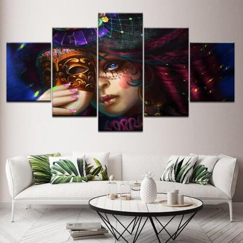 5panel Fashion Girl mask Nordic Poster Wall Art Print Canvas Figure Painting Wall Pictures Living Room Watercolor Decor Artwork