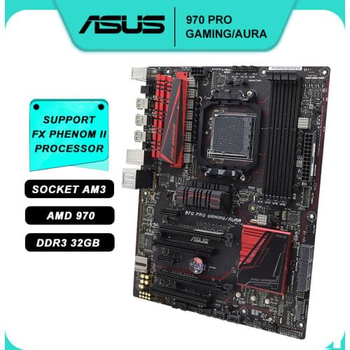 ASUS 970 PRO GAMING/AURA Desktop Motherboard Socket AM3+ AMD 970 DDR3 AMD AM3+ FXPhenom II PCI-E2.0 SATA3 USB3.1 ATX Motherboard