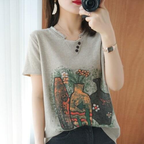 Oversized O-neck chic cashmere Sweater Pullover Women Summer Female Knitted sweater vintage print short sleeve casual sweater