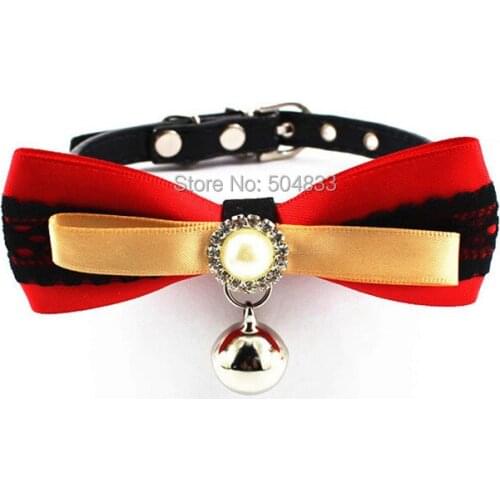 Big Bow Cats Collar with Bell Pearl Kitten Small Dog Collars with Lace Bowtie XS S Red Green