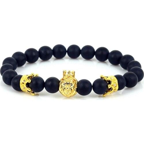 Animal Charm Bracelet Lion Head with Crown Bracelet 8mm Natural Matte Black & Lava Stone Beads Pave CZ Crowns Men Women Jewelry