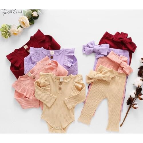 Imcute Newborn Spring Autumn Clothing Knitted Long Sleeve Ruffle Romper Trousers + Headband Solid Color Outfits
