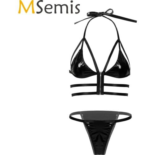 Women Ladies Halter Neck Lace-up Lingerie Suit Patent Leather Hallow Out Bra with Briefs Sexy Outfits Exotic Underwear Sets