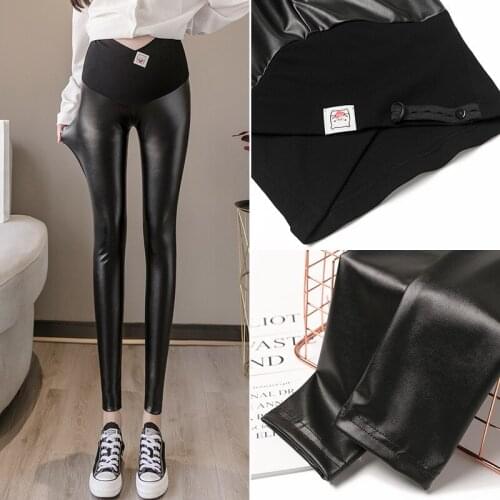 Maternity Faux Leather Pants Skinny Casual High Elasticity Leggings Pregnant Women Breathable Trousers Pregnancy Clothes Black