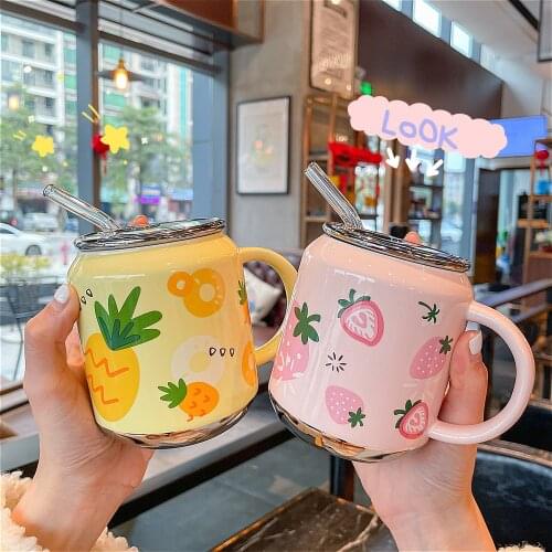 Summer Lovely Fruit Ceramic Mug Office Strawberry Mug With Straw Child Ceramic Water Cup Coffee Fruit Juice Cup Kawaii Milk Mug