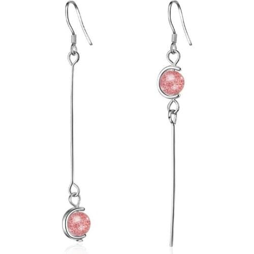 Korean Style Fashion 925 Sterling Silver Jewelry Asymmetric Strawberry Two Colors Crystal Ball Long Dangle Earrings SE696