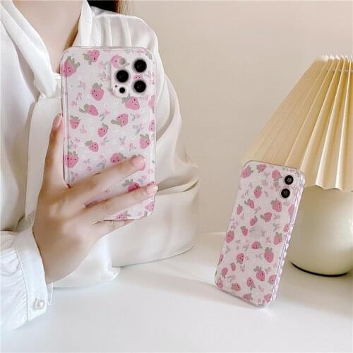 Fashion Side Love Heart Strawberry Pattern Soft TPU Back Cover For iPhone 12 11 Pro Max XR XS 7 8 Plus SE 2020 Phone Case