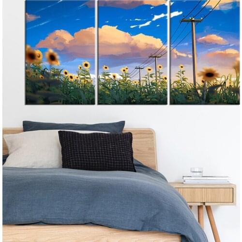 Home Decor Modular Canvas Picture 3 Piece Sunflower Blue Sky and White Clouds Anime Art Room Poster Home Wall Canvas Painting