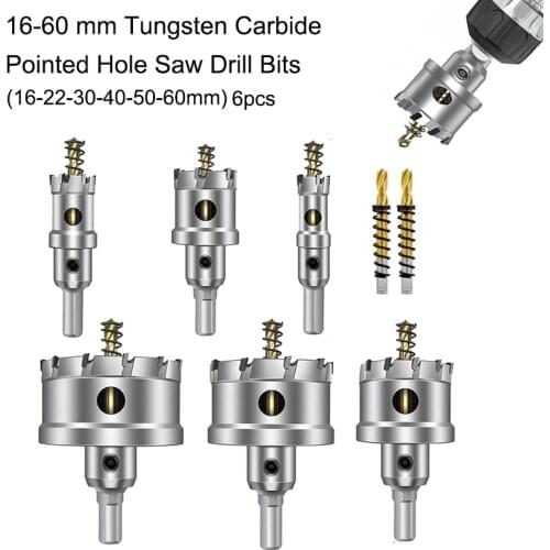 6PCS Metal Hole Saw Kit 16-60mm Tungsten Carbide Pointed Hole Saw Drill Bit Suitable for Hard Metal Stainless Steel Wood Plastic