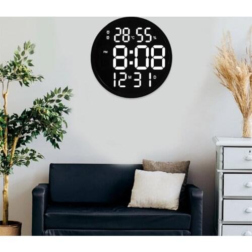 Wall Clock, Simple Design Living Room LED Round Wall Clock, Digital Display Temperature and Humidity Date Display Alarm Clock, S